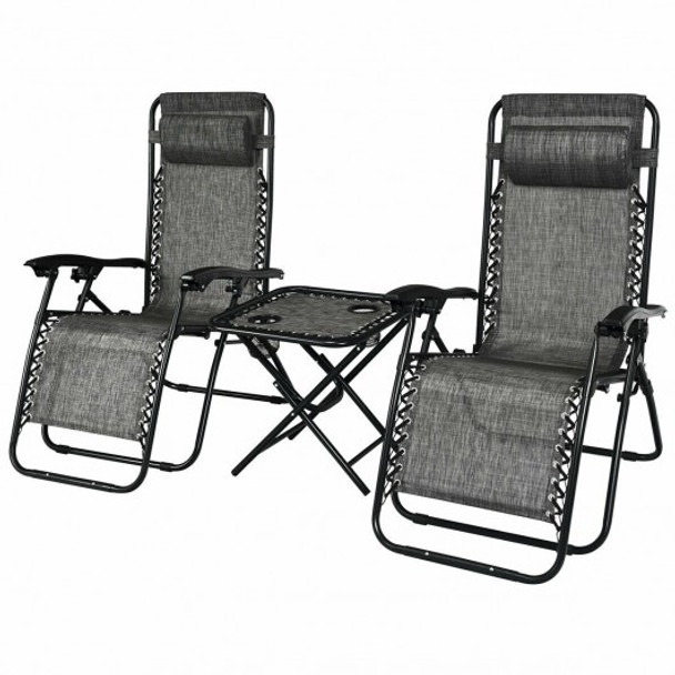 3 Pieces Folding Portable Zero Gravity Reclining Lounge Chairs Table Set-Gray