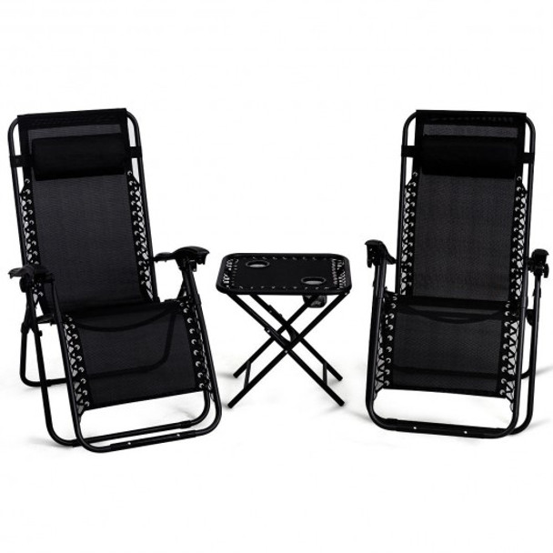 3 Pieces Folding Portable Zero Gravity Reclining Lounge Chairs Table Set-Black