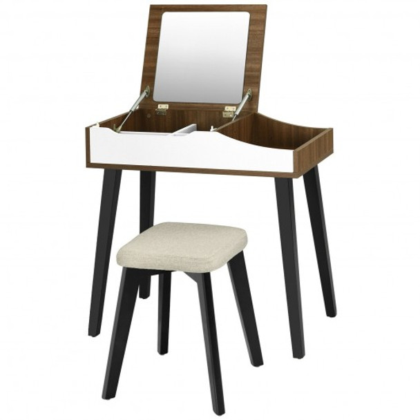 Vanity Table Set with Flip Top Mirror and Padded Stool-Wood