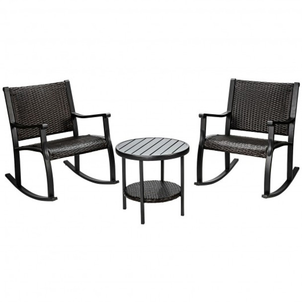 3 Pcs Patio Rattan Furniture Set with Coffee Table and Rocking Chairs