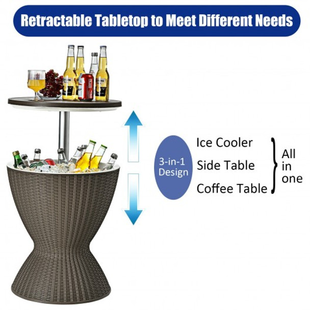 3 in 1 8 Gallon Patio Rattan Cooler Bar Table with Adjust Ice Bucket-Brown