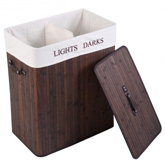 Double Rectangle Bamboo Hamper Laundry Basket Cloth Storage Bag Lid-Brown - COHW67644CF