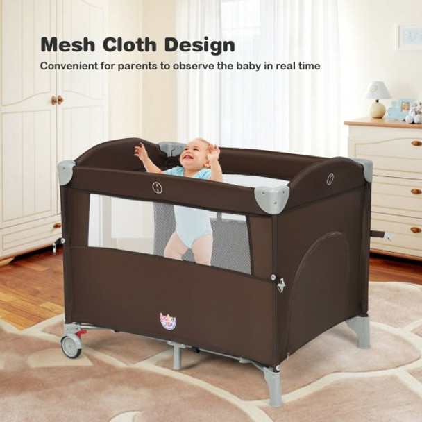 5-in-1  Portable Baby Beside Sleeper Bassinet Crib Playard with Diaper Changer-Brown