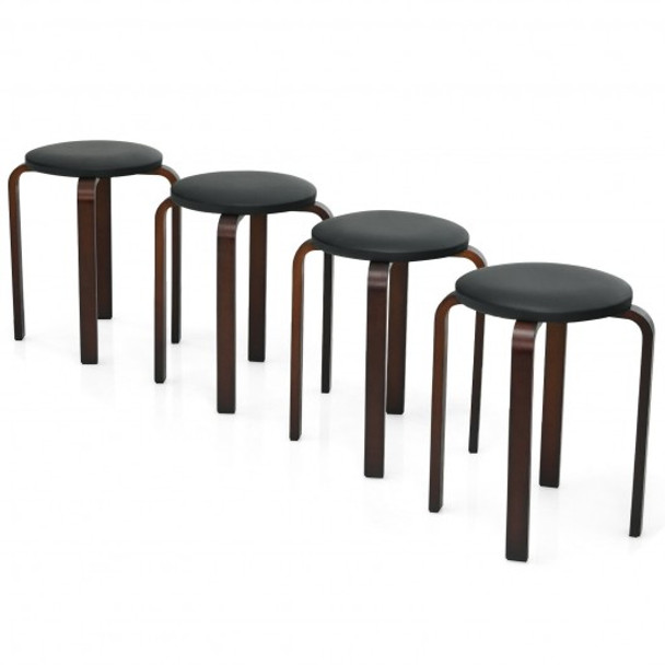 Set of 4 Bentwood Round Stool Stackable Dining Chair with Padded Seat  -Black