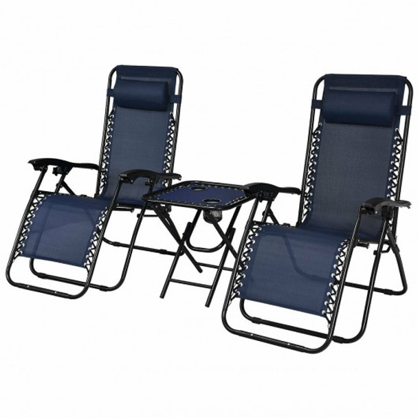 3 Pieces Folding Portable Zero Gravity Reclining Lounge Chairs Table Set-Navy