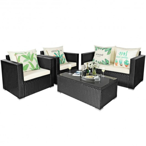 4Pcs Patio Rattan Cushioned Furniture Set-White