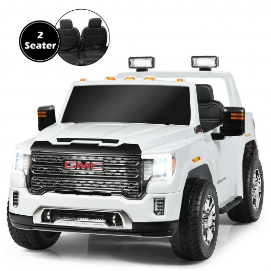 12V 2-Seater Licensed GMC Kids Ride On Truck RC Electric Car with Storage Box-White