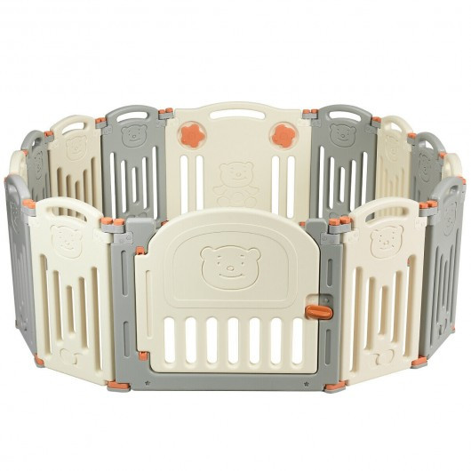 Foldable Baby Playpen 14 Panel Activity Center Safety Play Yard-Beige
