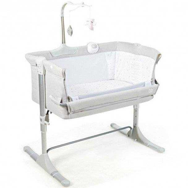 Height Adjustable Baby Side Crib  with Music Box & Toys-Light Gray