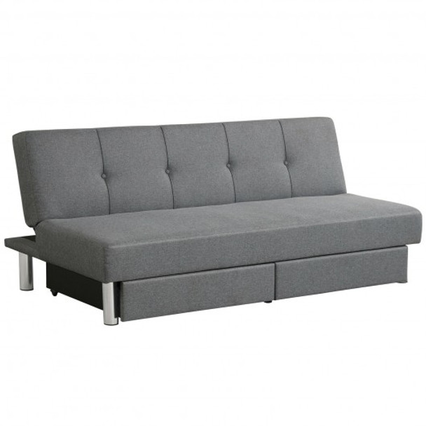 Convertible Futon Sofa Bed Adjustable Couch Sleeper with Two Drawers Grey