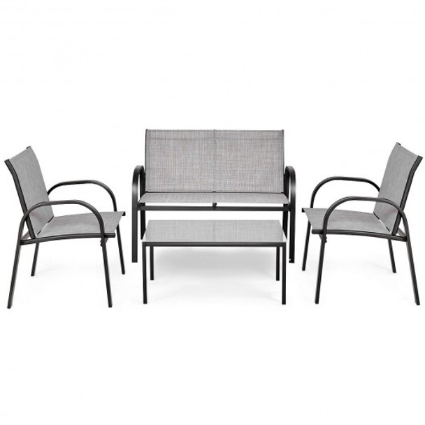 4 pcs Patio Furniture Set with Glass Top Coffee Table-Gray