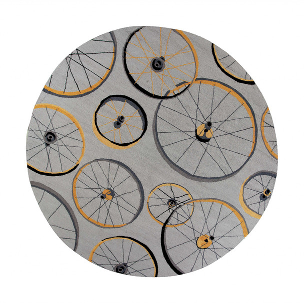 8' Grey Hand Hooked Wheels Round Indoor Area Rug