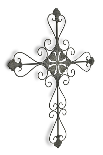 Large Gray Metal Scroll Design Gray Hanging Cross Wall Decor