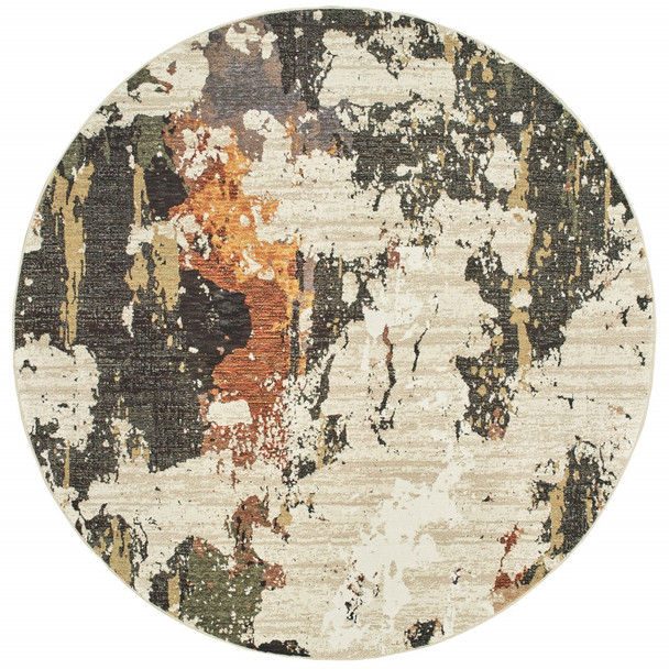 8 Round Abstract Weathered Beige and Gray Indoor Area Rug