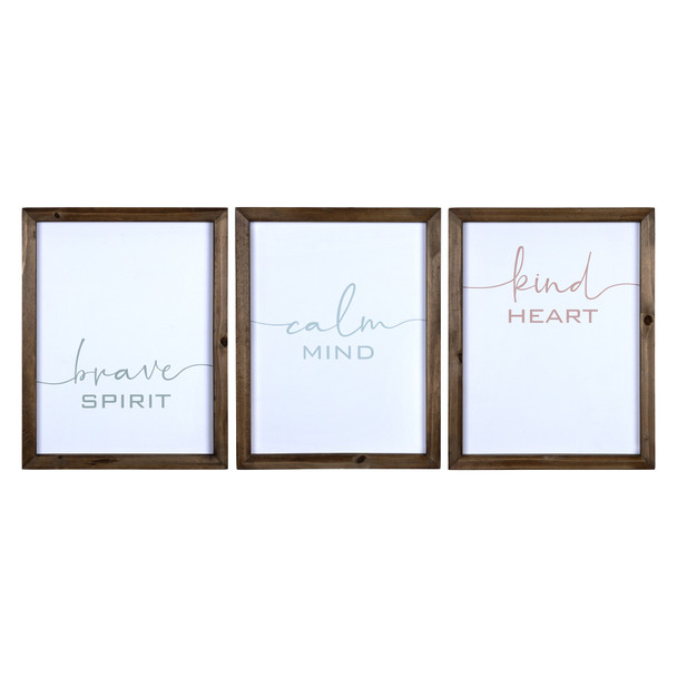 Set of 3 Wooden Brave Calm Kind Wall Frame Decor