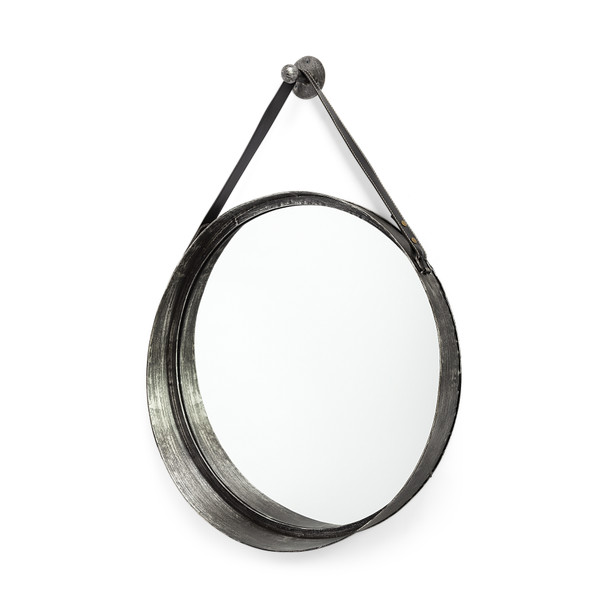 30" Round Black Metal Frame w/Leather Strap Wall Mirror