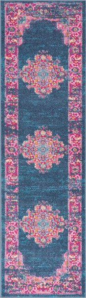 2 x 10 Blue and Pink Medallion Runner Rug