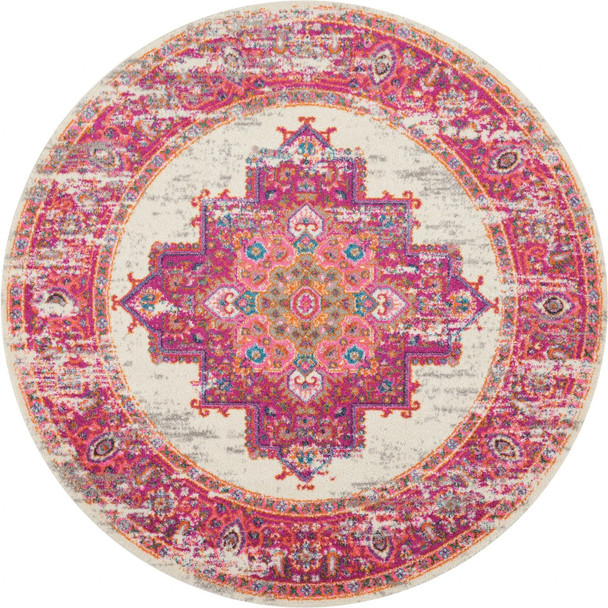 5 Round Ivory and Fuchsia Distressed Area Rug