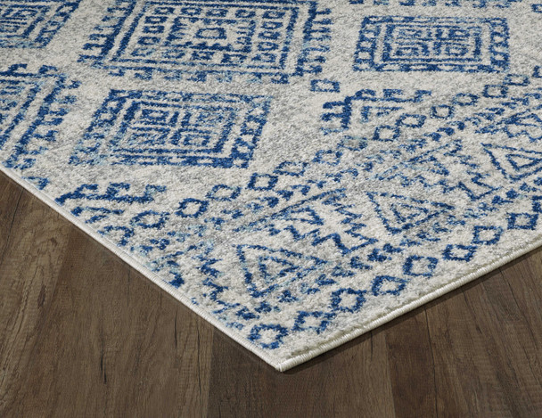 7' Ivory Blue Machine Woven Distressed Geometric Indoor Runner Rug