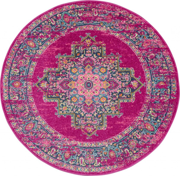 8 Round Fuchsia and Blue Distressed Area Rug