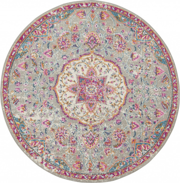 5 Round Gray and Pink Medallion Area Rug