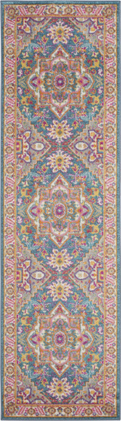 2 x 8 Teal and Pink Medallion Runner Rug