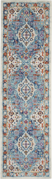 2 x 8 Ivory and Blue Floral Motifs Runner Rug