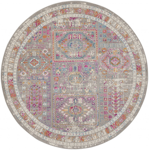 8 Round Gray Distressed Ornamental Area Rug