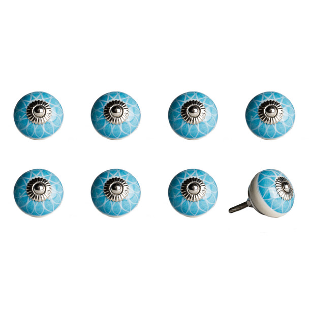 1.5" x 1.5" x 1.5" Ceramic Metal Aqua and White 8 Pack Knob