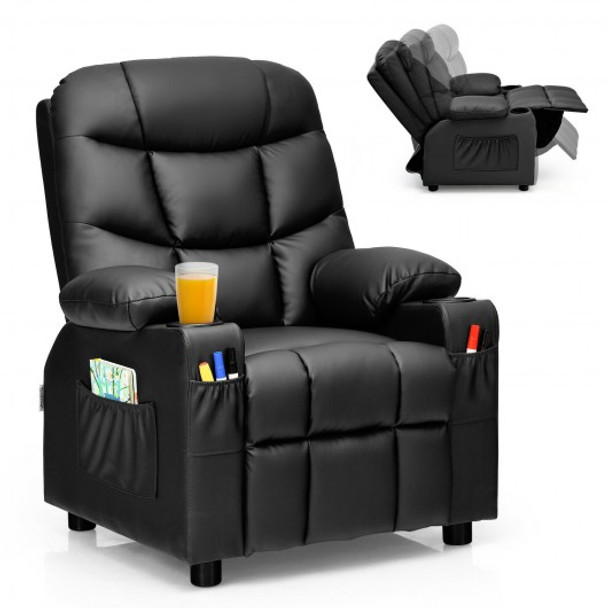 PU Leather Kids Recliner Chair with Cup Holders and Side Pockets-Black