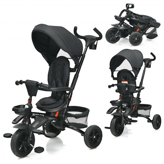6-in-1 Detachable Kids Baby Stroller Tricycle with Canopy and Safety Harness-Black