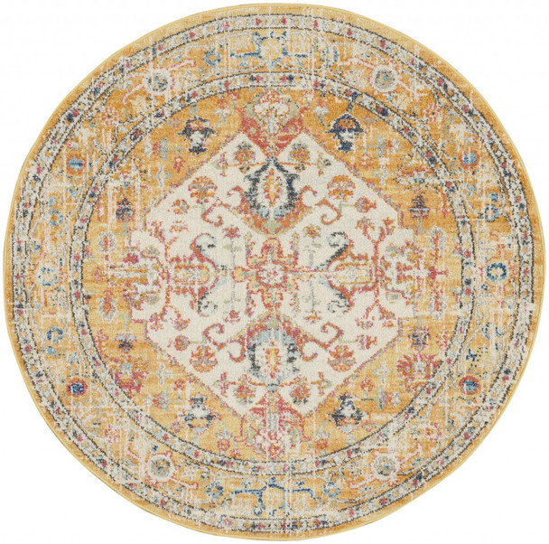 5 Round Ivory and Yellow Center Medallion Area Rug