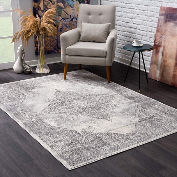 2 x 8 Gray Distressed Medallion Runner Rug - 390084