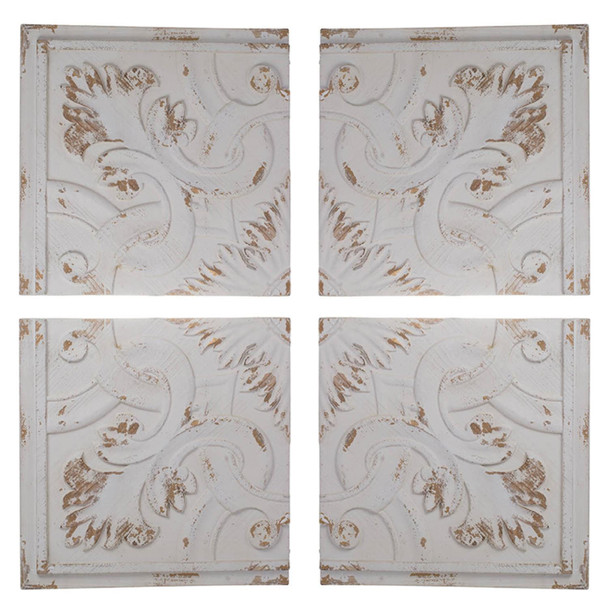 Set of 4 Whitewashed Arabesque Carved Wall Art