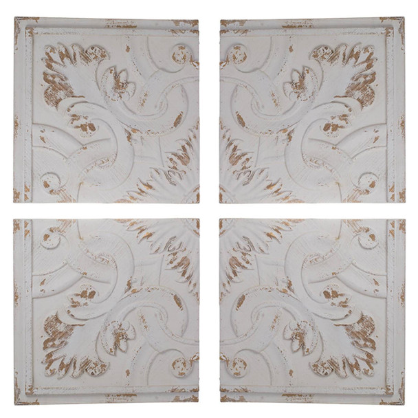 Set of 4 Whitewashed Arabesque Carved Wall Art