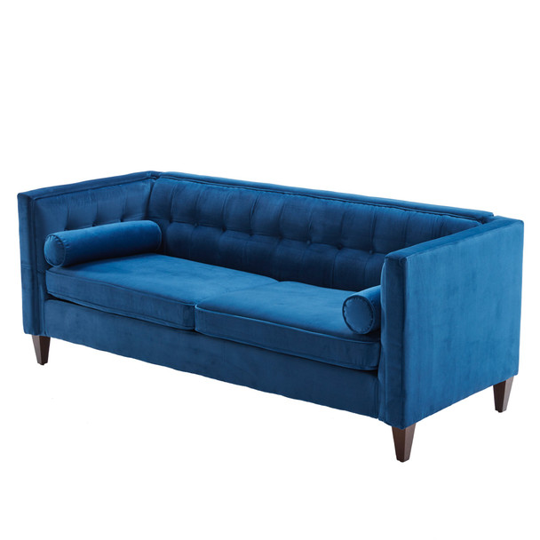 Blue Velvet Upholstered Sofa with Bolster Pillows