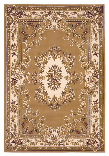 5'x8' Beige Ivory Machine Woven Hand Carved Floral Medallion Indoor Area Rug