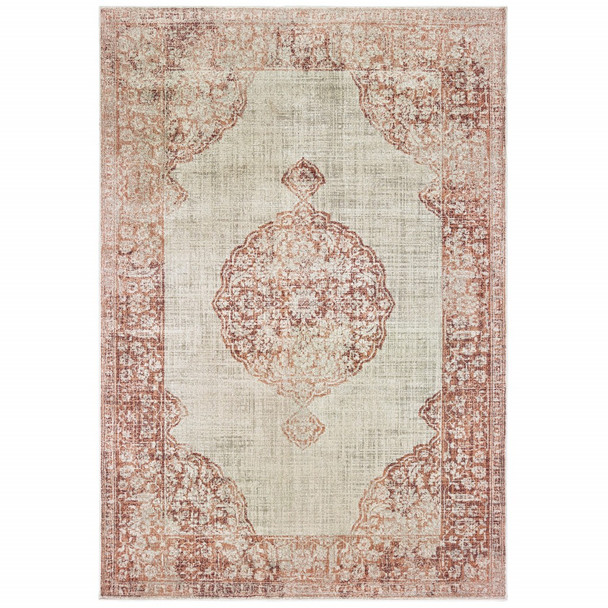 8x11 Ivory and Pink Medallion Area Rug