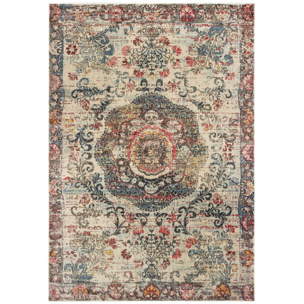 8x11 Ivory Distressed Medallion Area Rug