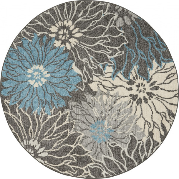 5 Round Charcoal and Blue Big Flower Area Rug