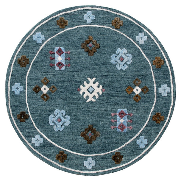 7 Round Blue Bordered Motif Area Rug