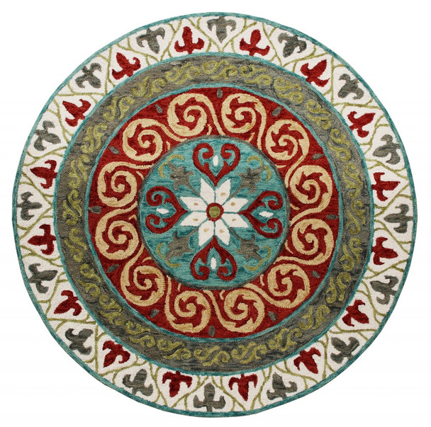 5 Round Red and Sage Medallion Area Rug