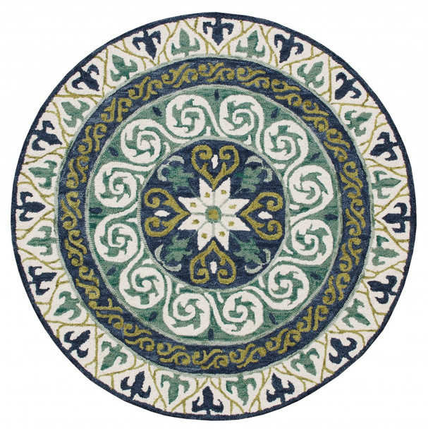 5 Round Blue and Green Ornate Medallion Area Rug