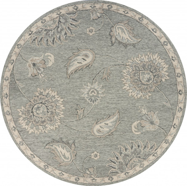 5 Round Light Gray Floral Area Rug