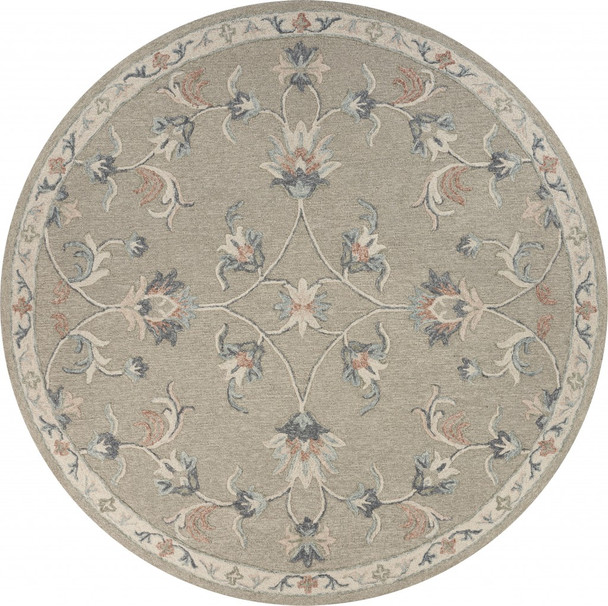 5 Round Sage and Cream Filigree Area Rug