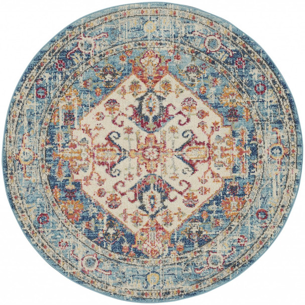 4 Round Ivory and Light Blue Distressed Area Rug