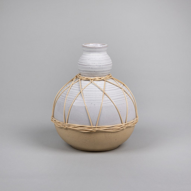 White Stone and Rattan Detail Wide Vase