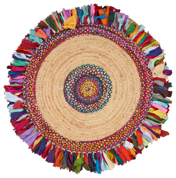 Natural Jute Multicolored Medallion Area Rugwith Fringe