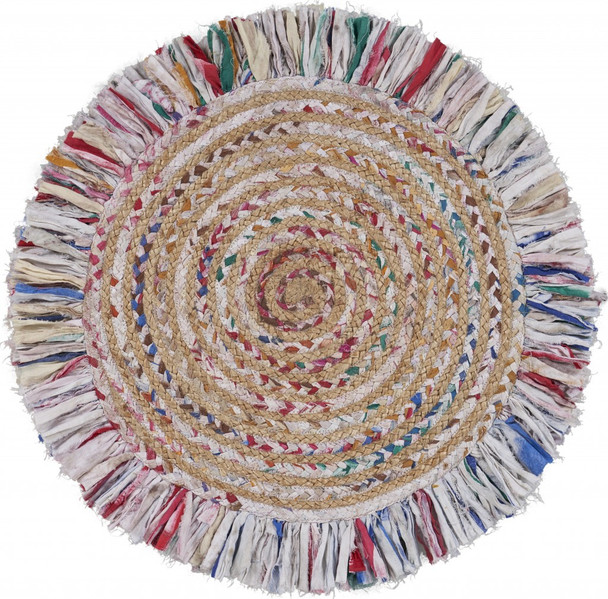 Bleached Multicolored Chindi and Natural Jute Fringed Round Rug - 394188