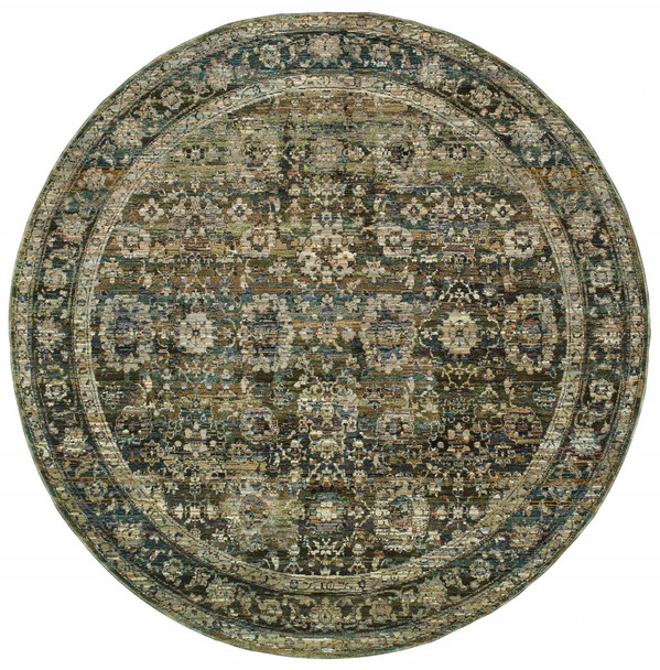 7' Round Green and Brown Floral Area Rug